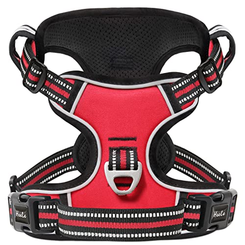 HEELE Hundegeschirr, Zugentlastung, reflektierend, mit gepolstertem Griff, Kontrolle, 2 Metallringe, Geschirr für kleine mittelgroße und große Hunde, Rot, L