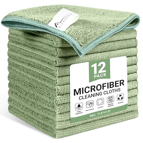 Image of SIFANGKE Microfiber Cleaning Cloth, 12 Pack Green Cleaning Rags for Housekeeping, Reusable Microfiber Towels for Car, Kitchen, Bathroom and Household Cleaning Supplies, 11.8 inchX11.8 inch