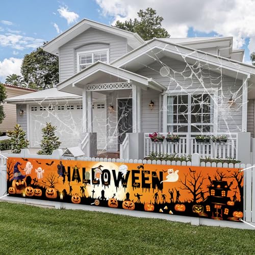 PartyYaa Halloween Banner Decorations Long Halloween Banner Party Photo Booth Pumpkin & Ghost Garden Fence Ornament for Indoor Outdoor (Orange)