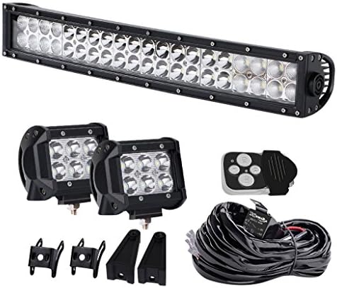 SABER X Curved 22" IN Led Light Bar 4" Cube Pods Off Road Driving Fog Lamp with Toggle Switch Remote Relay Wiring Harness Silencers Rubber Isolator fit Jeep GMC Silverado Chevy Dodge Ram Tacoma Yamaha