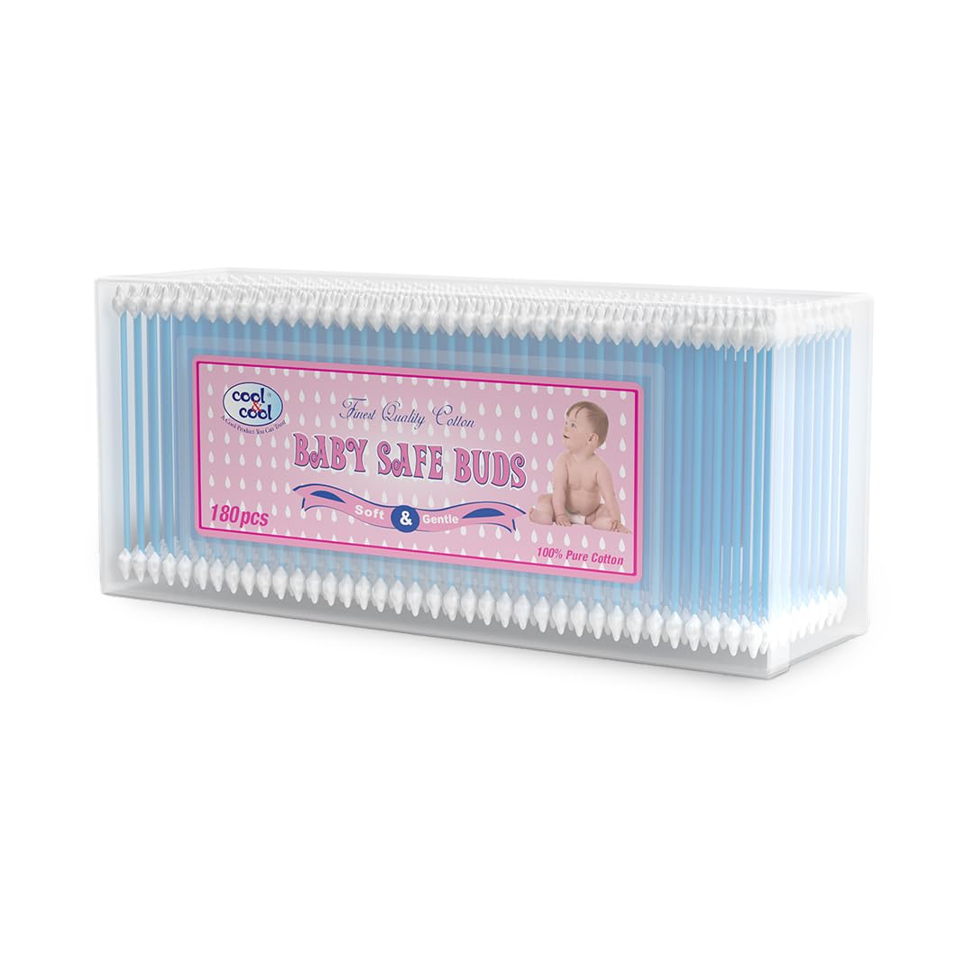 Cool & Cool Baby Cotton Buds - 180's - 100% Pure Cotton, Baby-Friendly, Gentle Cleaning,Ear Protection, Safe swabs for Delicate baby Ears Cool & Cool Cool & Cool Baby Safe Buds 180 Pieces , Piece of 1