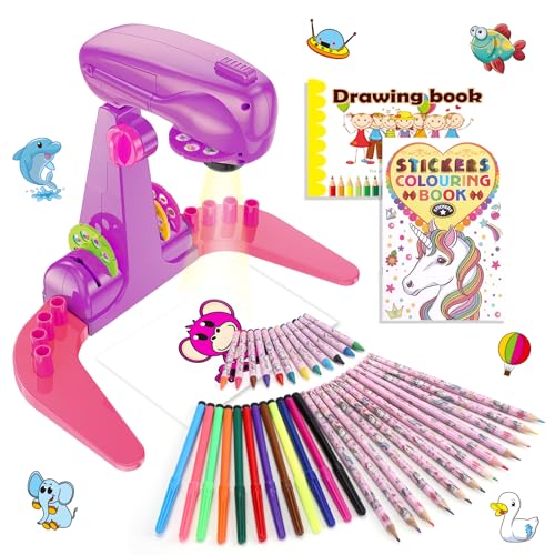 Sumsoltic Girls Drawing Projector Toy for Kids with Water Colour Pens Unicorn Colouring Book Drawing Pad and Ruler 72 Patterns Art Painting Set Educational Toys for 3 4 5 6 Years Old Girls