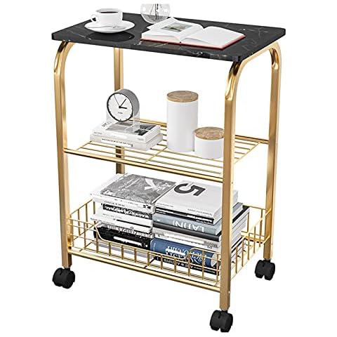Service Trolley, 3-tier Storage Rack Wrought Iron Frame Hollow Mesh Basket, Kitchen Cart Universal Wheel, Load 25KG for Living Room, Bedroom, Study (Color : Gold, Size : 30x50x65CM) Cover