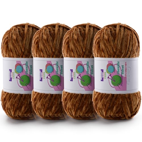 Image of Chenille Velvet Yarn for Crocheting, Brown Fuzzy Fluffy Yarn for Crochet | 4 Pack 14 Oz, 524.8 Yds Bulky Thick Chunky Yarn for Crocheting, Soft Amigurumi Yarn for knitting Baby Blankets, Scarves, Hats
