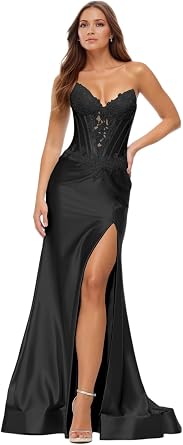 V Neck Satin Long Prom Dresses for Women Corset Mermaid Cocktail Evening Gown with Slit EA074