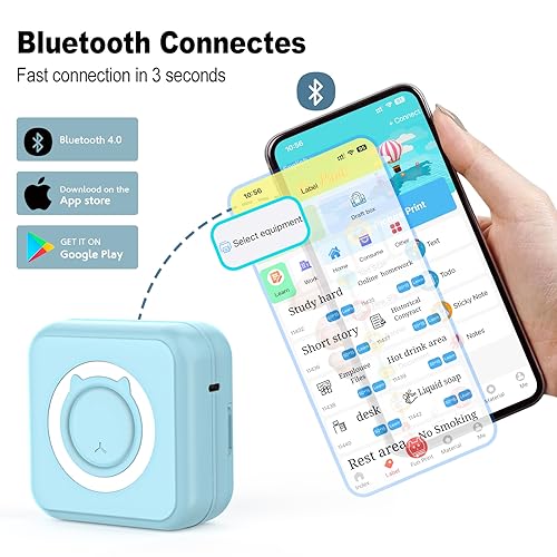 Image of Mini Photo Printer, Mini Portable Thermal Printer Bluetooth Instant Photo Printer with 10 Rolls of Thermal Paper and USB Charging Printer for Note /Journal /Memo (Blue)