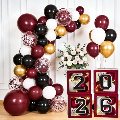 Image of Maroon Themed 2026 Graduation Decorations Set - Balloons Boxes with Letters 2026 GRAD So Proud of You - Complete Party Supplies for High School & College Celebrations