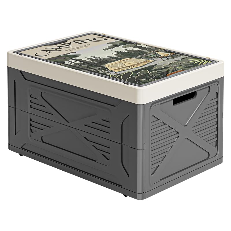 Zilnox コンテナ ボックス 取っ手付き 折り畳み キャンプ 折りたたみコンテナ 木製の蓋付き 収納ボックス 大容量 強い耐荷重 収納 組み立て簡単 グレー 1個 L 幅53.3×奥行35.8×高さ28.5cm