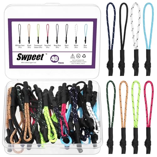 Swpeet 40 tiradores de cremallera de 8 colores, etiquetas de cremallera desmontables, etiquetas de cierre de cordón de nailon, tiradores de extensión, etiquetas de repuesto para mochilas, chaquetas