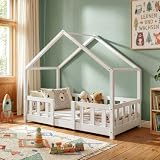 [en.casa] Kinderbett Treviolo Hausbett 70 x 140 cm Holzbett für Kinder mit Rausfallschutz Montessori Bettgestell mit Lattenrost Kiefernholz Weiß
