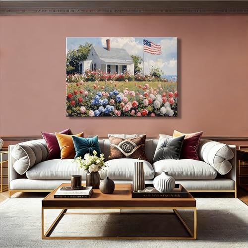 Image of RIBNTAK Patriotic American Flag & Floral Farmhouse Canvas Wall Art, 4th of July Coastal Cottage Pictures, Wildflower Landscape, Independence Day Wall Decor for Living Room, Kitchen, Made USA