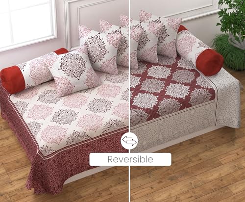 Image of FRESH FROM LOOM Cotton Reversible Diwan Set Maroon - 1 Single Bedsheet with 2 Bolster Covers and 5 Cushion Covers (8pc Set)