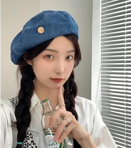 Vintage Denim Beret Hat Women Casual Solid Color Button Beanie Cap Female Girls Outdoor Painter Hat Street Shooting (Blue) #TOP1