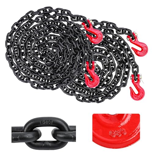 Image of 2 Pack G80 Transport Binder Chain 1 /4 inch X 15 Feet, Grade 80 Trailer Safety Chains 1 /4 Inch, Tow Chain with 1 /4 inch G80 Clevis Grab Hooks, 3,300 Lbs Working Load Limit for Towing, Securing, Truck