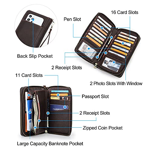 Contacts Mens Leather Clutch Bag Large Capacity Card Holder Travel Wrist Wallets Brown Checkbook Passport Purse Handbag with Rfid4