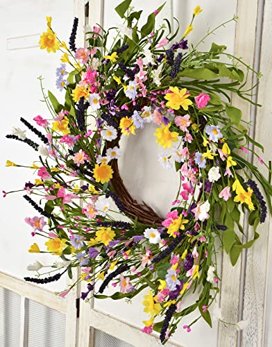 24Inch Artificial Daisy Flower Wreath -Spring Floral Wreath Fake Flower Wreath Spring/Summer Wreath For Front Door Home Decor #TOP6