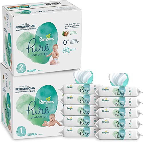 Image of Pampers Pure Protection Disposable Baby Diapers Starter Kit (2 Month Supply), Sizes 1 (198 Count) & 2 (186 Count) with Aqua Pure Baby Wipes, 10X Pop-Top Packs (560 Count)