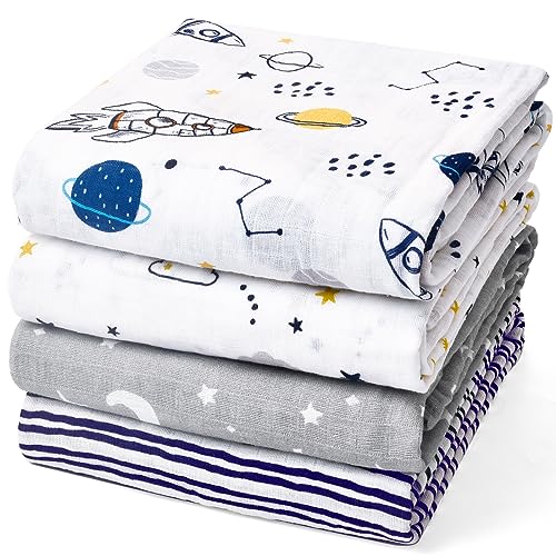 Image of david's kids 4 Pack Baby Muslin Swaddle Blankets, 100% Cotton and Ultra Soft Breathable Receiving Blanket Wrap for Boys Girls, New Born Essentials, Large 47 x 47 inches, Space/Stars/Wave