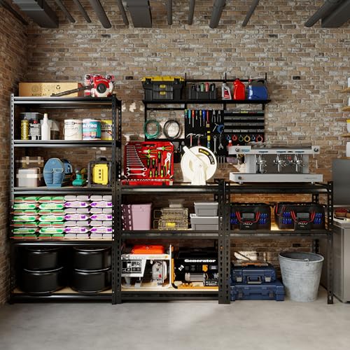 Image of 5-Tier Adjustable Metal Storage Rack, 2000 lbs Capacity, Heavy-Duty Garage Shelving, Black, 28 inchW x 11.8 inchDx 59.8 inchH, Suitable for Kitchen Storage, Basement, Multi-Functional Storage Rack.