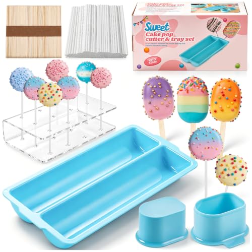 Cake Pop Mold Kit Including Circle Cake Pop Cutter 9 Inch DoubleTray Cake Pop Stand Lollipop Sticks Clear Treat Bags and Gold Twist Ties for Home Desserts Baking Accessories Blue