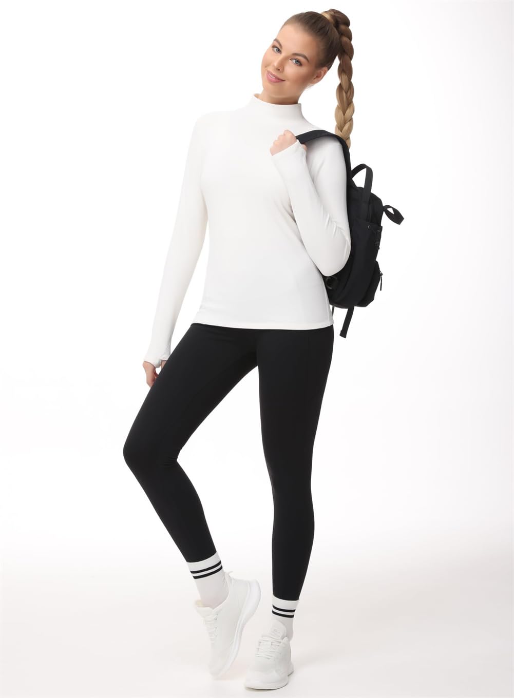 Camicie termiche da donna a maniche lunghe con collo alto, in pile, a maniche lunghe, girocollo, Beige, S
