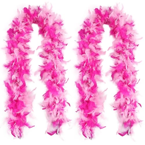 iHUFeather Chandelle Turkey Feather Boa 1.64 Yards 30g for DIY Craft Party Wedding Christmas Costume Decoration Pink and Hot Pink Feather Boa (2pcs)