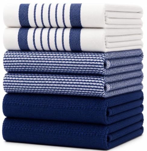 Image of Premium Kitchen Towels (20 inchx 28 inch, 6 Pack) | Large Cotton Dish Towels | Flat & Terry Highly Absorbent Kitchen Linen Set with Hanging Loop | Navy Blue Striped