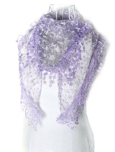 amtonseeshop Beautiful Newly Fashion Hot Warm Lace Tassel Sheer Floral Print Triangle Mantilla Scarf Shawl (Purple)