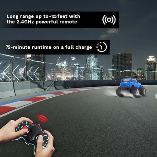 Image of popsugar Off Roader Rechargeable Remote Control Car | RC Car Monster Truck | 4 Headlight Modes | Lithium Battery | C-Type Charging | 2.4GHz Remote Controller | Made in India, Blue