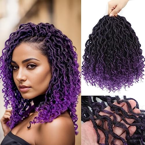 Purple River Locs Crochet Hair Black Women 8 Packs 10Inch Short Goddess Locs Crochet Hair Curly Faux Locs Hair Pre Looped Crochet Braids Hair Boho Hippie Locs Hair Extensions(#T1B/Purple 10inch)