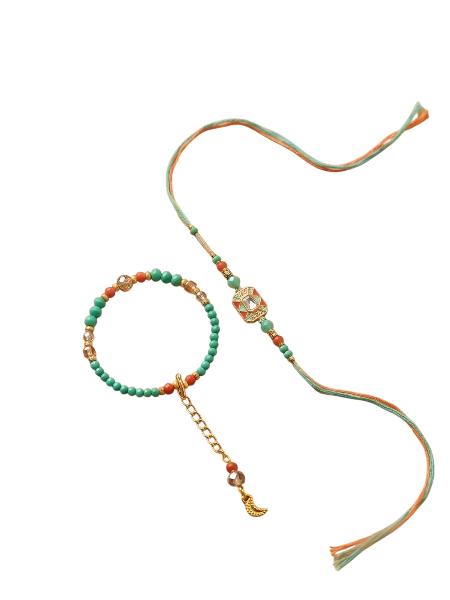 green stone bhaiya bhabhi rakhi set with green kada bracelet