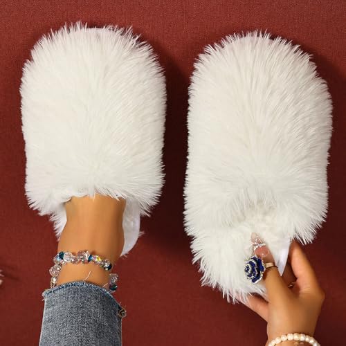 Slippers For Women Fuzzy, Womens Fluffy Faux Fur Slides Furry Soft Plush Indoor Outdoor Slip On Slipper Lovely Multicolor Winter House Shoes3