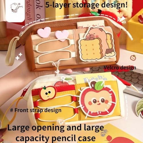 Image of Alokik Cute Cartoon Pencil Pouch with 5 Compartments, Large Capacity Zipper Pen Case with Front Pocket & Straps, Multi-Storage Stationery Organizer for School Girl & Boy (Capybara)