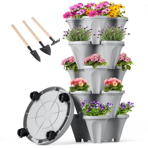 GameXcel Vertical Planter Tower - 5 Tier Stackable Garden Planters with Wheels and Tools Plant Pots for Strawberry Herb Flower and Vegetable Indoor Outdoor Use Gray