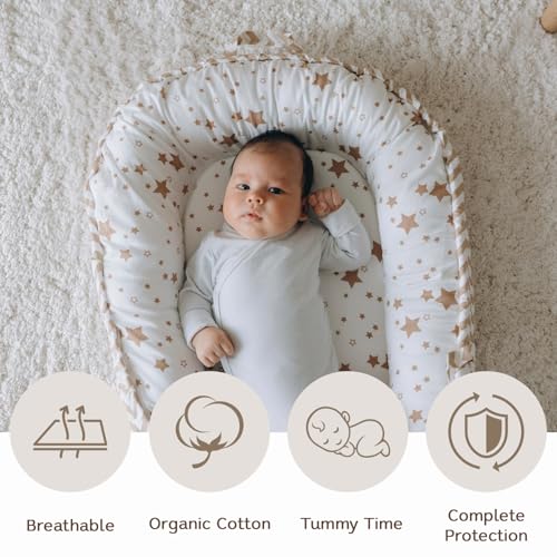 Image of Aila + Aiden Baby Lounger | Organic Cotton Infant Lounger | Reversible, Adjustable & Portable Floor Lounger |Supervised Use | Soft, Breathable, Washable Cover - Star Collection (White /Tan)