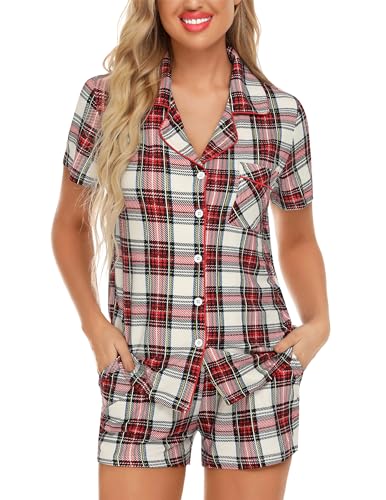 Image of Pjmlifecoco Women's Modal Pajama Set Short Sleeve Button Down Two Piece Soft Sleepwear with Shorts Loungewear S-XXL