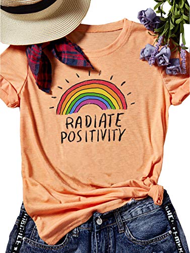 Womens Radiate Positivity Rainbow T-Shirt Short Sleeve Letters Print Casual Tops Tees