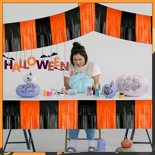 Image of 4 Pack 39 Feet Black Orange Halloween Parade Float Decorations for Trailer Car, Foil Fringe Tinsel Streamers Banner Garland for Halloween Graduation Homecoming Party Decoration (Black Orange)