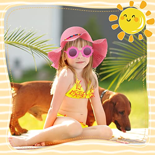 Summer Straw Hat For Girls Large Brim Sunflower Beach Hat Cute Flower Sun Hat With Flower Round Sunglasses (Pink) #TOP4