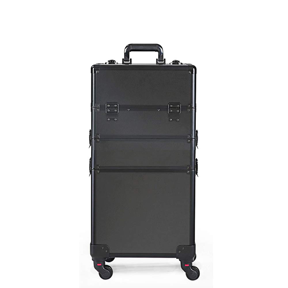 JJONE Professional Makeup Case, Large Makeup Train Case, Portable Rolling Makeup Trolley Case, Artists Lockable Jewelry Travel Cosmetic Train Case w/ 4 Wheels (All Black-3Layer)