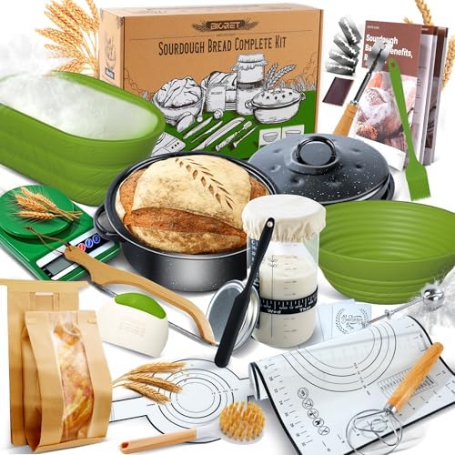 Sauerteig Brot Bakset mit hochwertigem Emaillepott und Gärkorb Brot Natur Roggenbrot Gärkorb Set Gärkorb Rund, Handgebacken Brotbackset, geeignet für Hobbybäcker und Sauerteig Brot