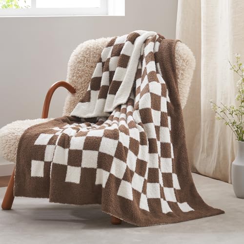 Couverture à carreaux pour lit et canapé plaid chaud réversible marron