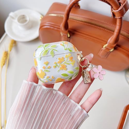 Image of MINSCOSE for AirPods 4 Clear Case,Cute Colorful Flower Pattern Design with Girly Floral Keychain,Soft Silicone Protective Shockproof Cover with Cleaner Kit for Girls Women-Yellow