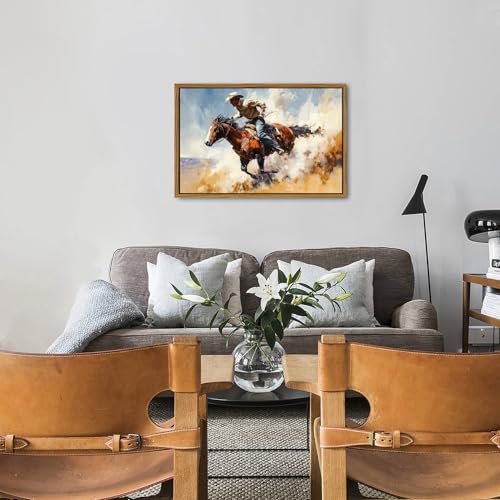 Image of Western Wall Art Retro Cowboy Framed Wall Art Cowboy Riding Horse Canvas Prints Vintage Farmhouse Western Rodeo Wall Decor for Living Room Bedroom Office Rustic Country Artwork Home Decorations 24x36