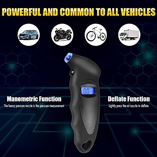 URAQT Tyre Pressure Gauge, 4 Ranges Digital Inflator Tyre with Tyre Tread Depth Gauge and 4 Pcs Valve Caps, Backlight LCD Display 150 PSI ABS Non-Slip Grip for Car, Truck, Bicycle, Motorcycles