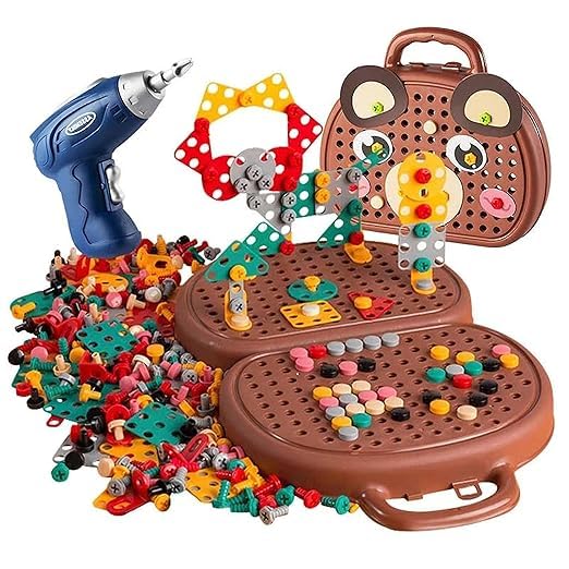 Creative Toolbox with Toys Electric Drill Screwdriver Tool Set Creative Mosaic Puzzle Toy - 203 Pieces Electric Drill Toy & Rainbow Fasteners, Premium STEM Building Set for Kids 3+ Years Old
