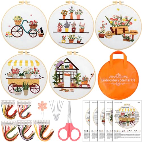 Kigley 5 Sets Embroidery Starter Kit for Adults Plant Lover Gifts for Women Beginners Flower Embroidery Shop Pattern for Kids Cross Stitch Set Needlepoint Kits for Flower Cart