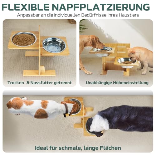 Mora Pets Hundenapf Erhöht Futternapf für Hund mit 4 Höhenverstellbar Futterstation Hunde Napfset aus Bambus Hundebar für Kleine, Mittelgroße, Große Hunde, mit 2 Edelstahl Hundeschüsseln (1,5L x 2)
