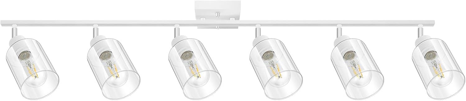 BoostArea White LED 6 Light Track Lighting Kit, 6 Way Ceiling Spot Lighting with Glass Lampshade, Flexibly Rotatable Light Head for Kitchen, Living Room, Bedroom, Bulb Not Included 6 Light-white
