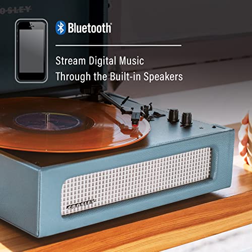 Image of Crosley CR8017B-WB Voyager Record Player, Washed Blue | 3-Speed Turntable, Bluetooth In / Out, Built-in Full-Range Stereo Speakers, Adjustable Pitch Control